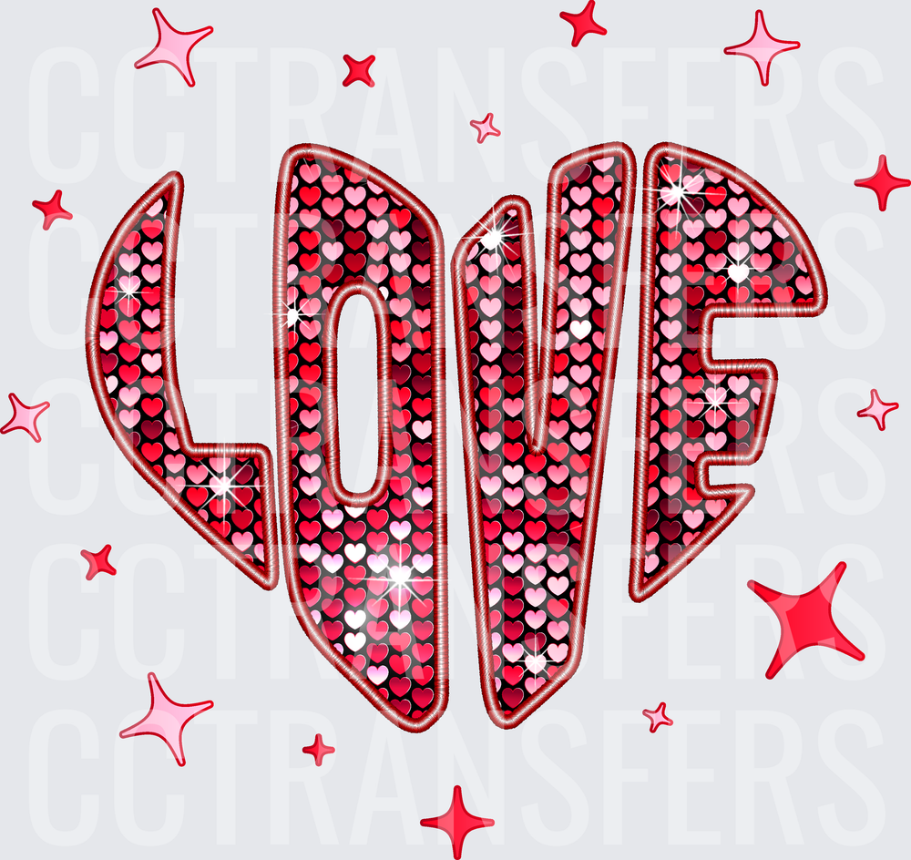 LOVE Heart Pattern Embroidery Style Sparkle Stars (DTF)