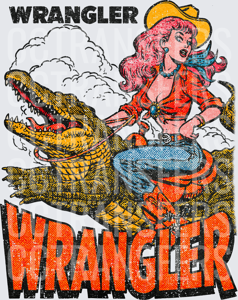 Wrangler Cowgirl Riding Alligator Retro Comic Art (DTF)