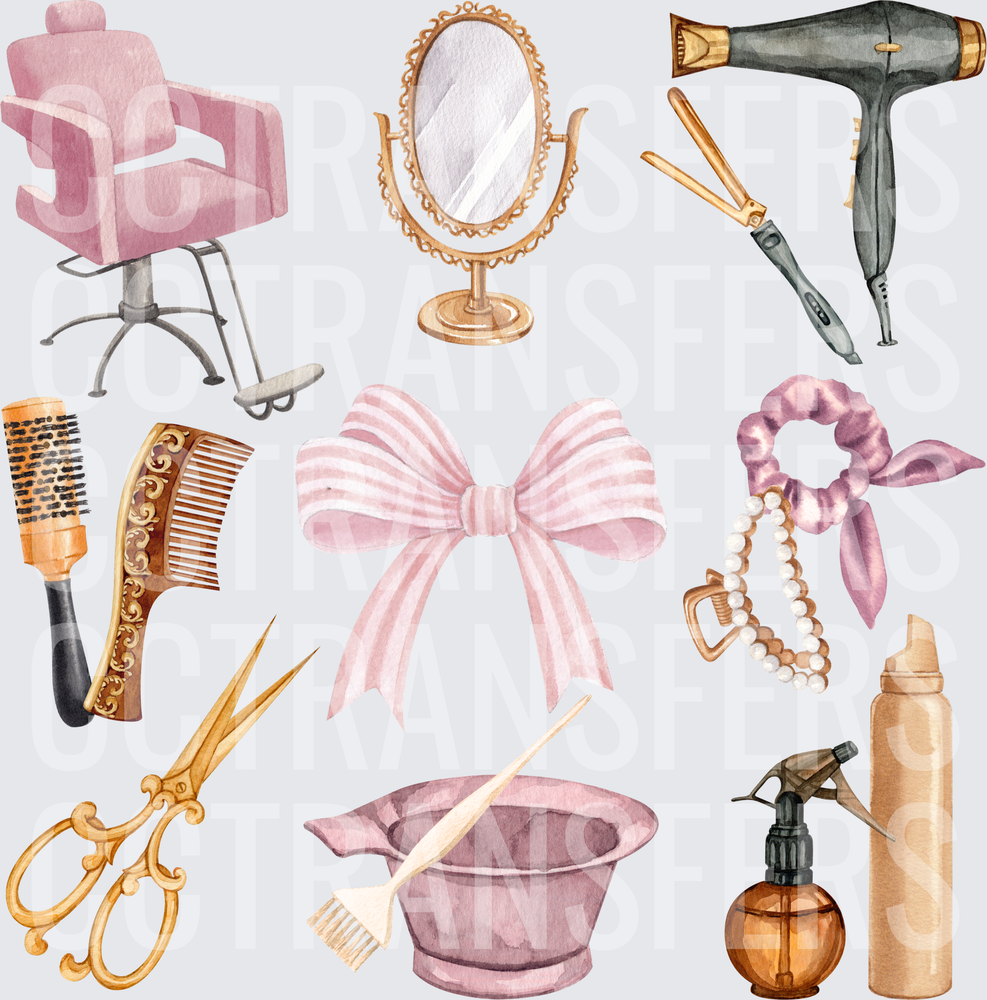 Watercolor Hair Salon Tools Beauty Set (DTF)