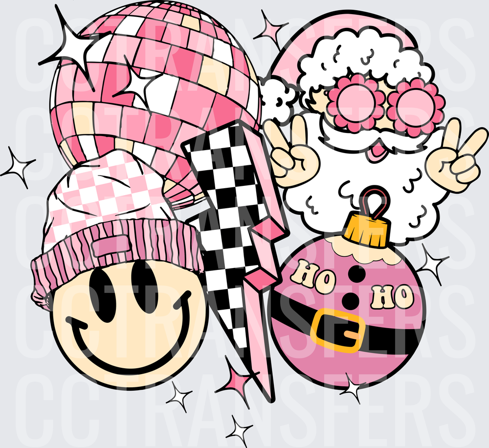 Pink Groovy Christmas Smiley Face Ho Ho Holiday Cluster (DTF)