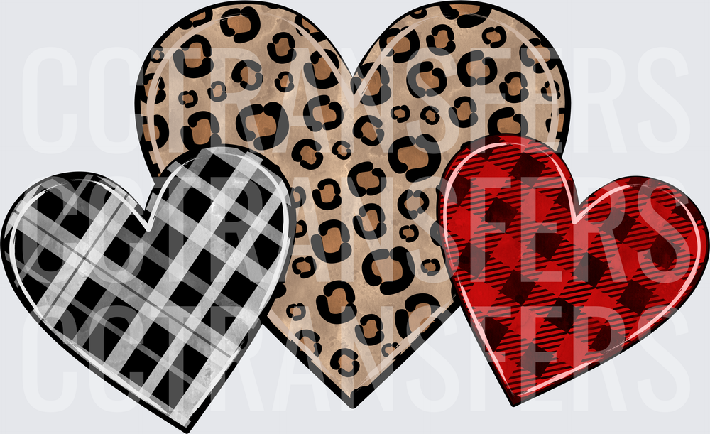 Triple Patterned Hearts Leopard Buffalo Plaid Cluster (DTF)
