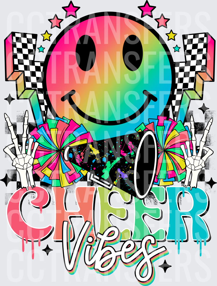 Cheer Vibes Rainbow Smiley Skeleton Hands Pom Pom (DTF)