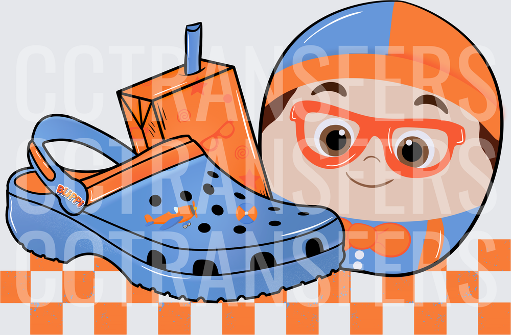 Cartoon Boy Blue Orange Clog Shoe Character Face (DTF)