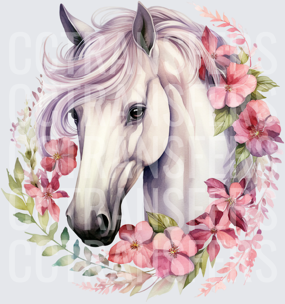 Watercolor White Horse with Pink Floral Wreath (DTF)