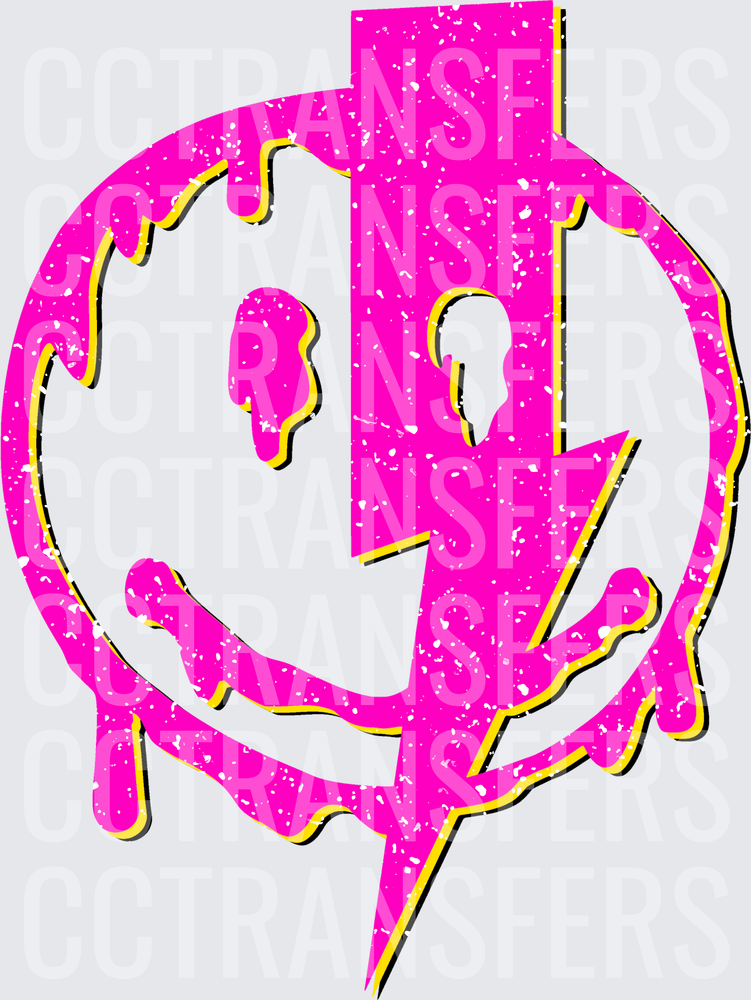 Dripping Smiley Face Lightning Bolt Distressed Pink (DTF)