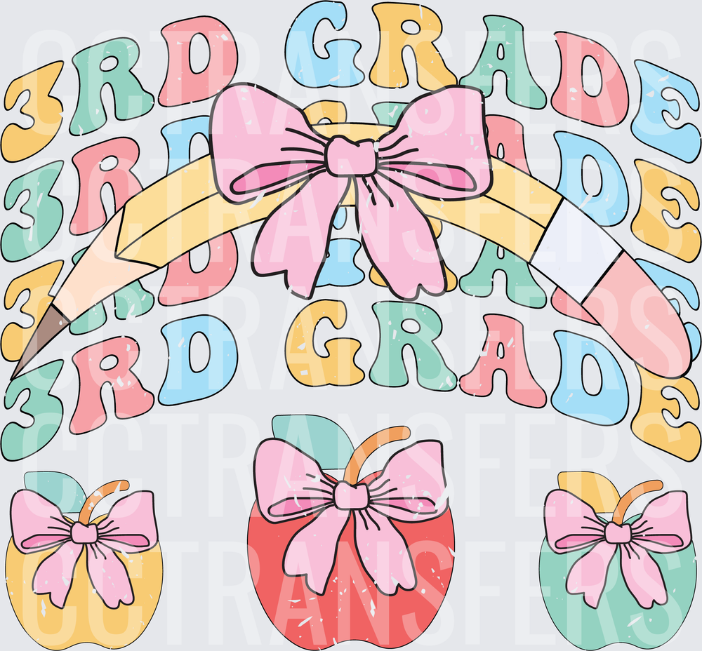 3rd Grade Retro Pencil Bow Apples Back to School (DTF)