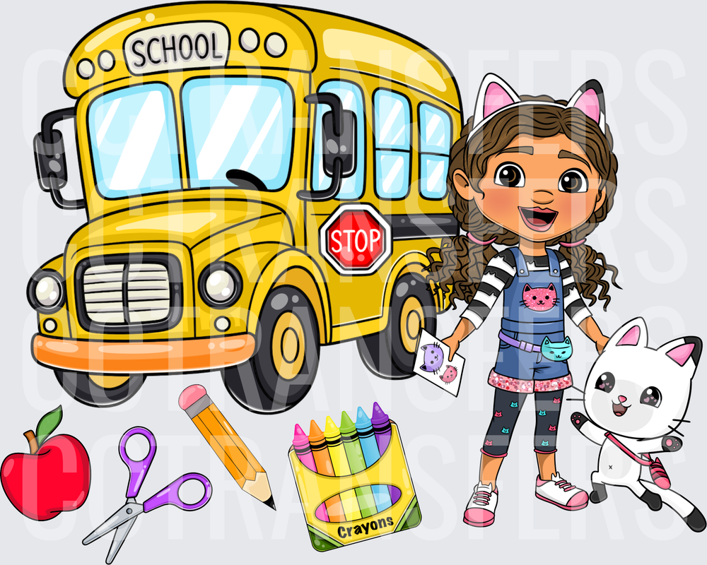 Cartoon Girl Cat Ears School Bus Back to School DTF