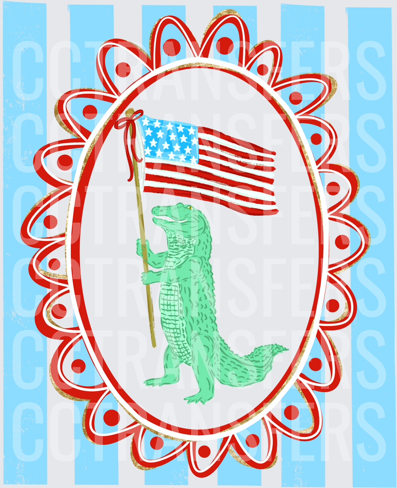 Patriotic Alligator Holding American Flag Oval Frame (DTF)