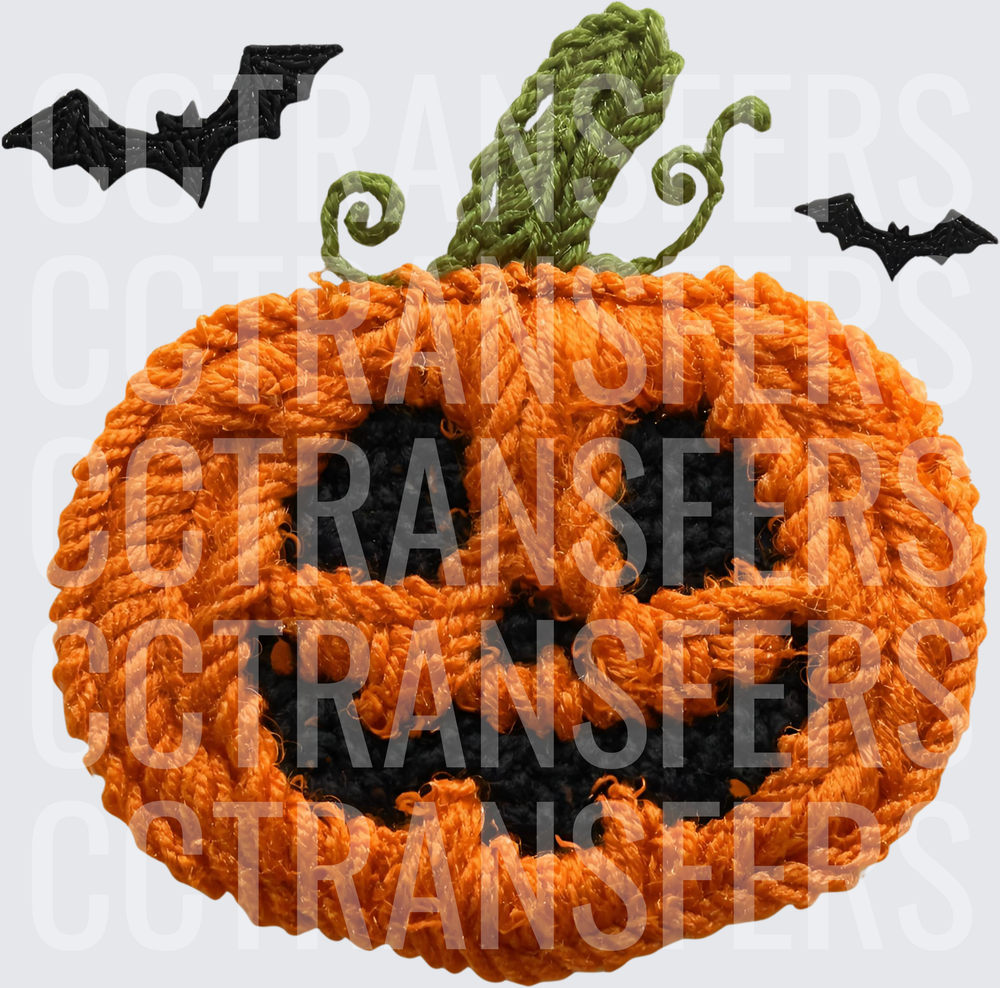 Yarn Knit Halloween Jack-O-Lantern with Flying Bats (DTF)