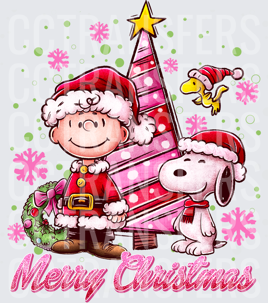 Merry Christmas Cartoon Boy Dog Bird Santa Holiday (DTF)
