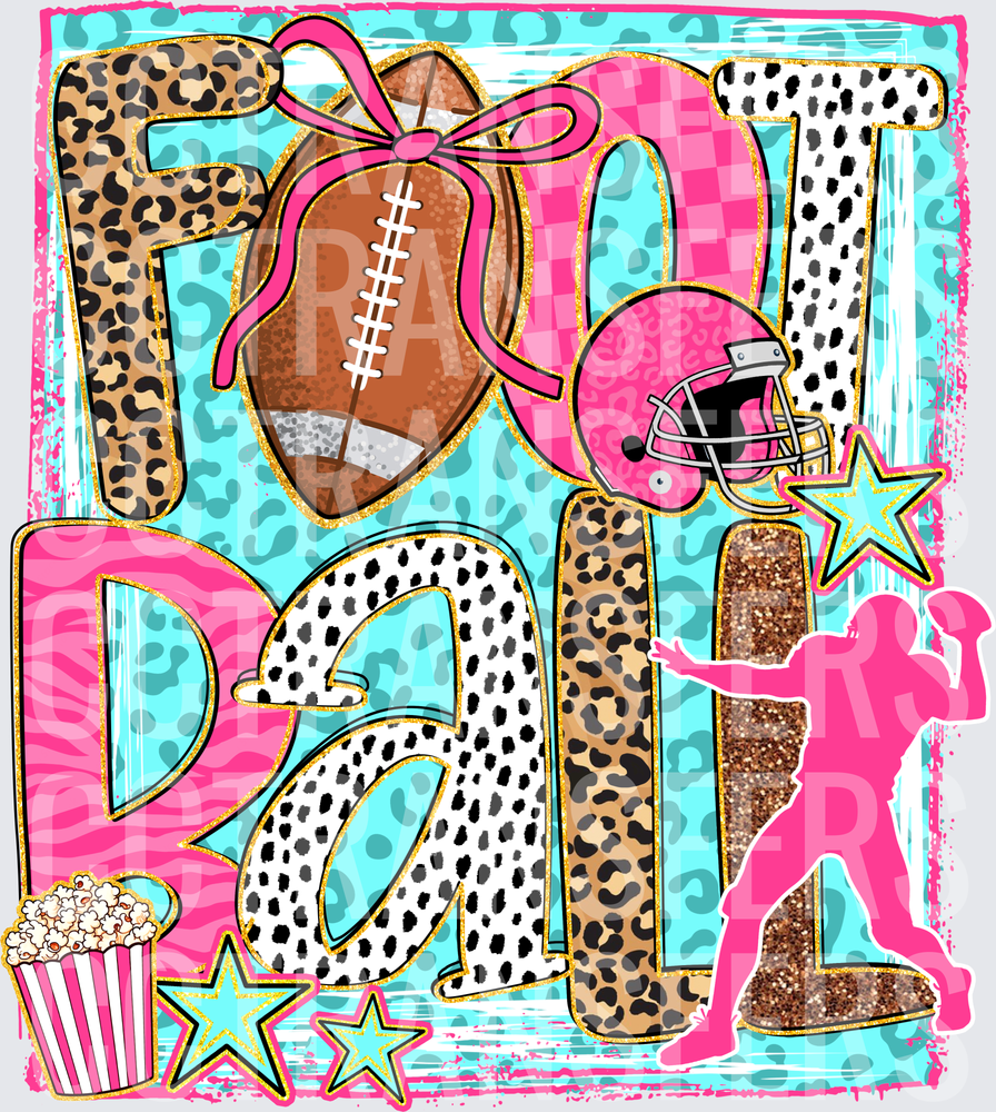 Girly Football Leopard Pink Bow Glitter Letters (DTF)
