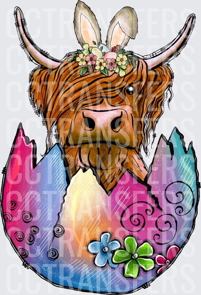 Easter Highland Cow Bunny Ears Floral Crown Cracked Egg (DTF)