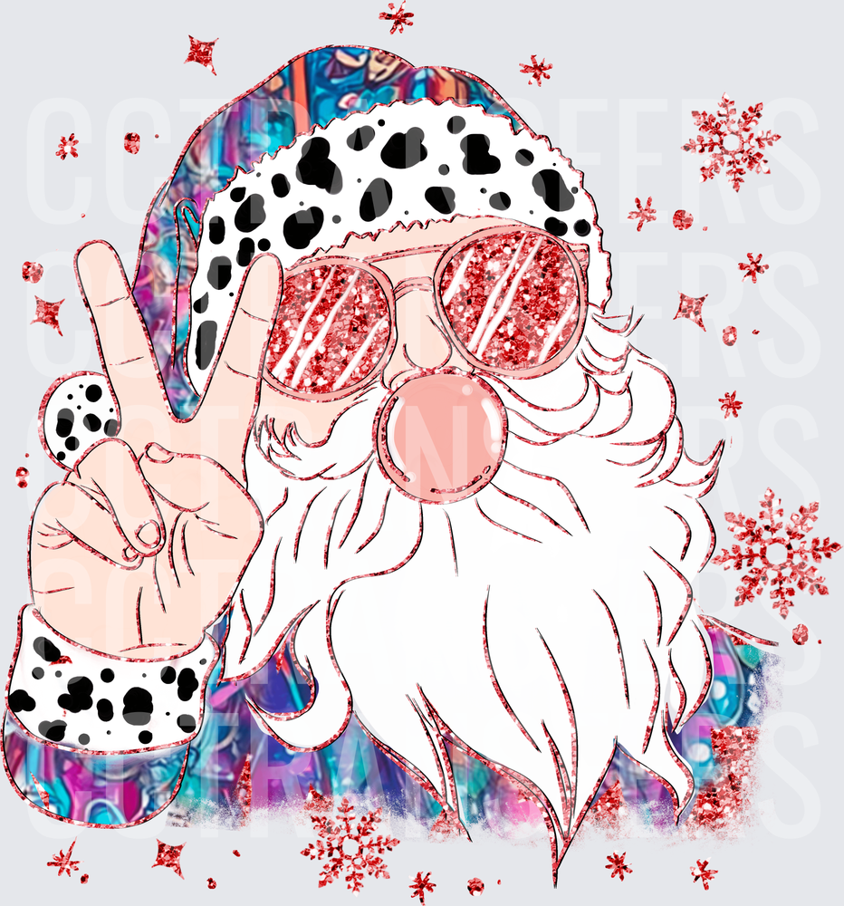 Groovy Santa Cow Print Hat Glitter Sunglasses Peace Sign (DTF)