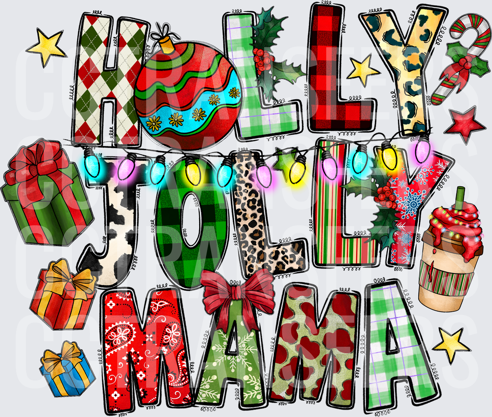 Holly Jolly Mama Patchwork Christmas Lights (DTF)