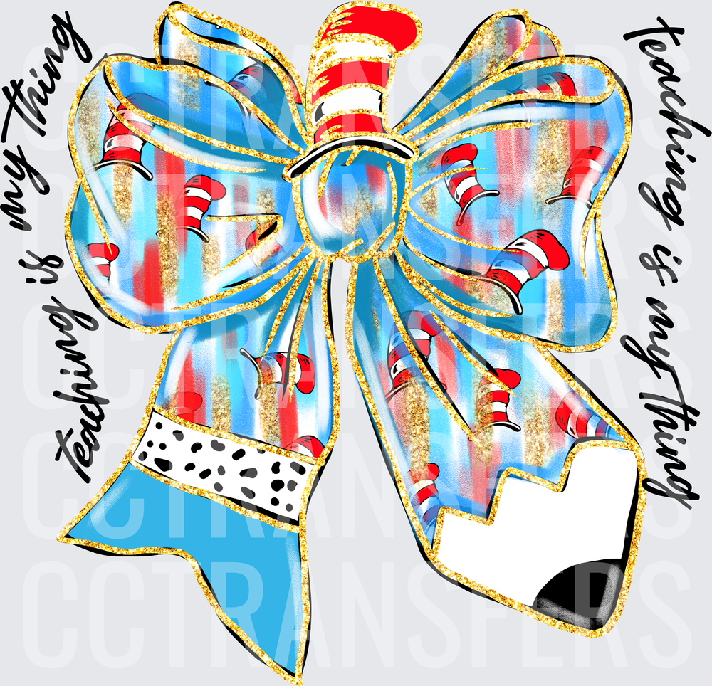 Teaching Is My Thing Red Striped Hat Bow (DTF)