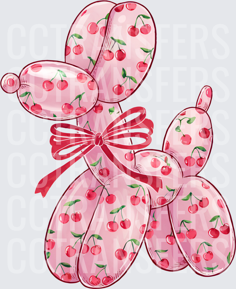 Pink Cherry Print Balloon Dog with Red Bow (DTF)