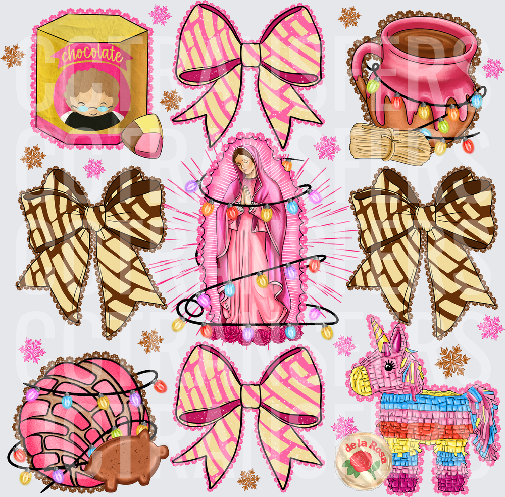 Mexican Christmas Guadalupe Piñata Pan Dulce Bow Bundle (DTF)