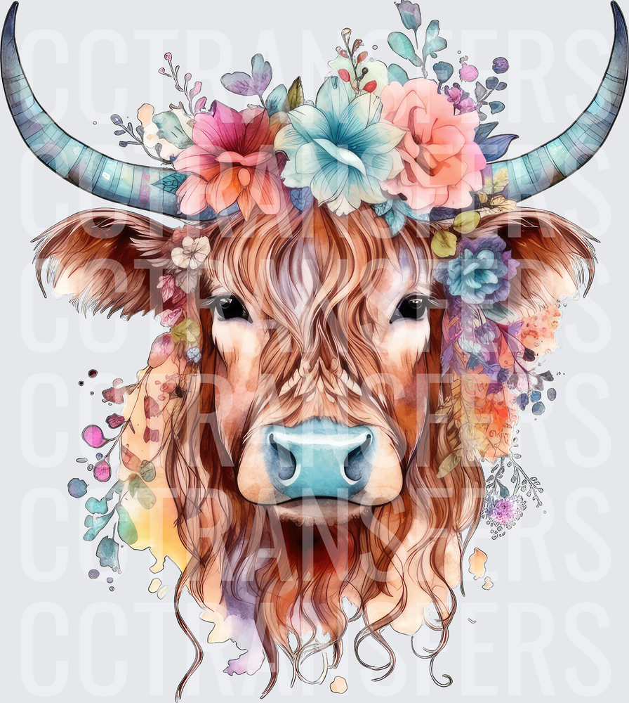 Watercolor Highland Cow Floral Crown Boho (DTF)