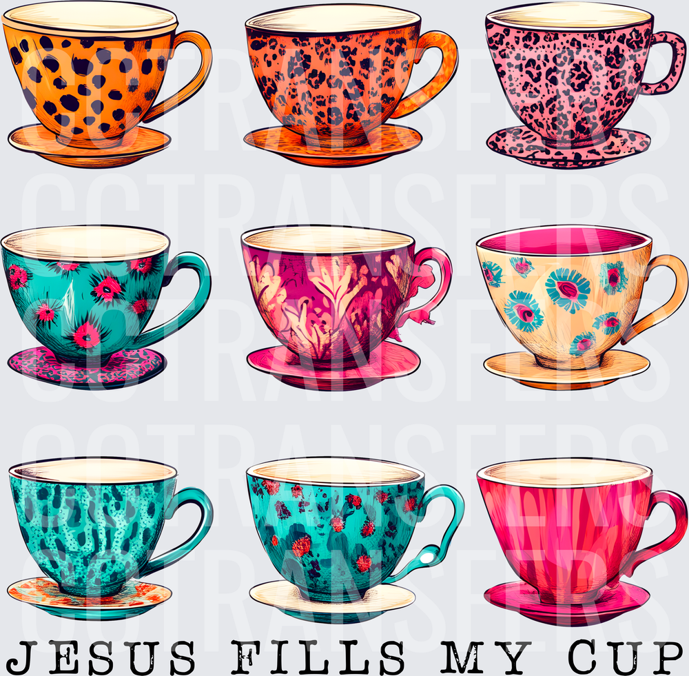 Jesus Fills My Cup Colorful Patterned Teacups (DTF)