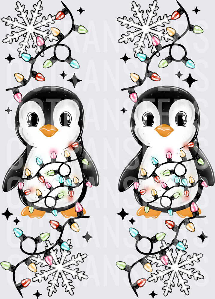 Cute Penguin Wrapped in Christmas Lights Snowflakes (DTF)