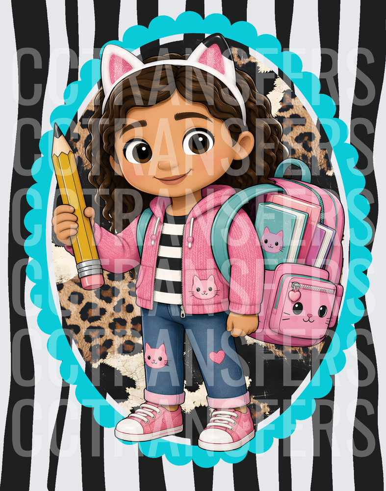 Curly Hair Girl Cat Ears Backpack Pencil School (DTF)