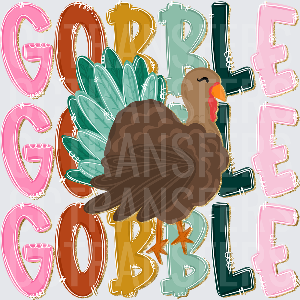 Gobble Gobble Thanksgiving Turkey Colorful Stacked Text (DTF)