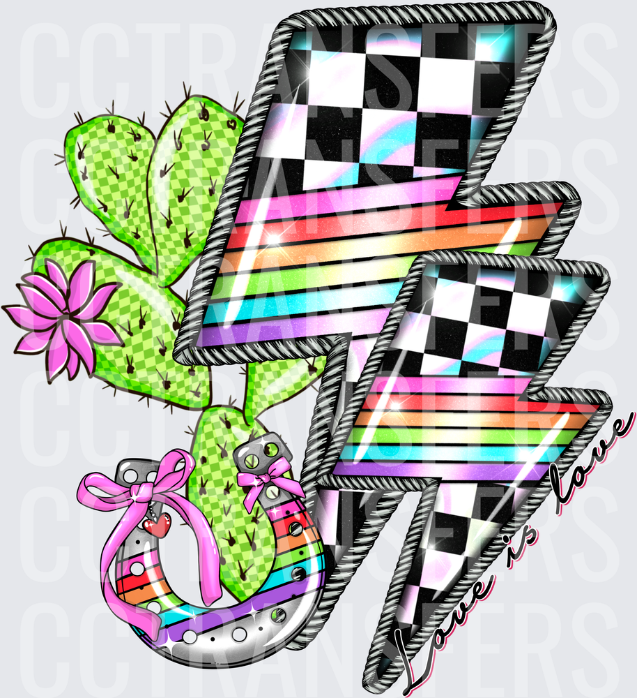 Love Is Love Rainbow Checkered Lightning Bolt Cactus Horseshoe (DTF)