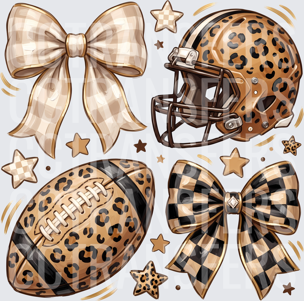 Leopard Checkered Football Helmet Bows Stars Bundle (DTF)