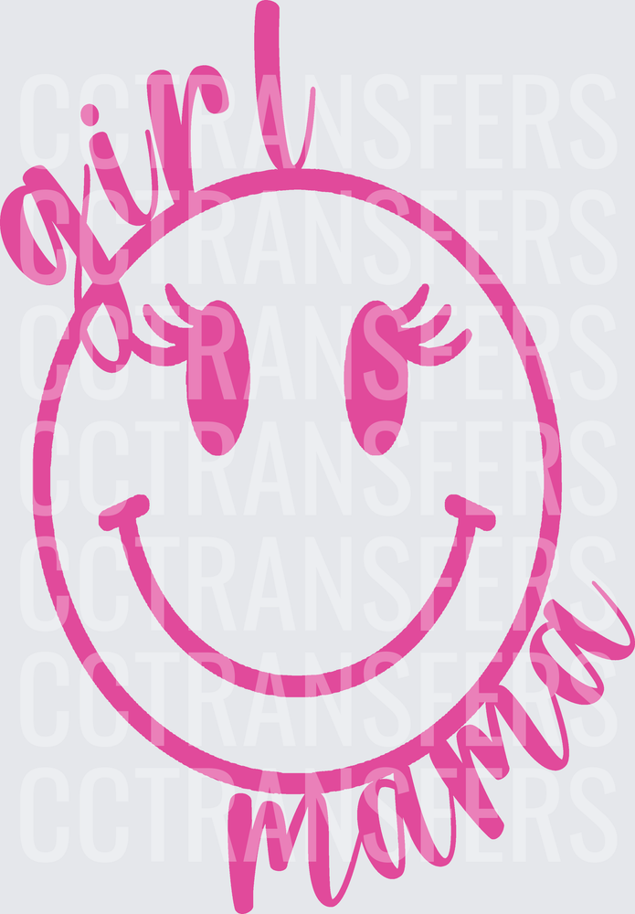 Girl Mama Smiley Face with Lashes Pink Script (DTF)