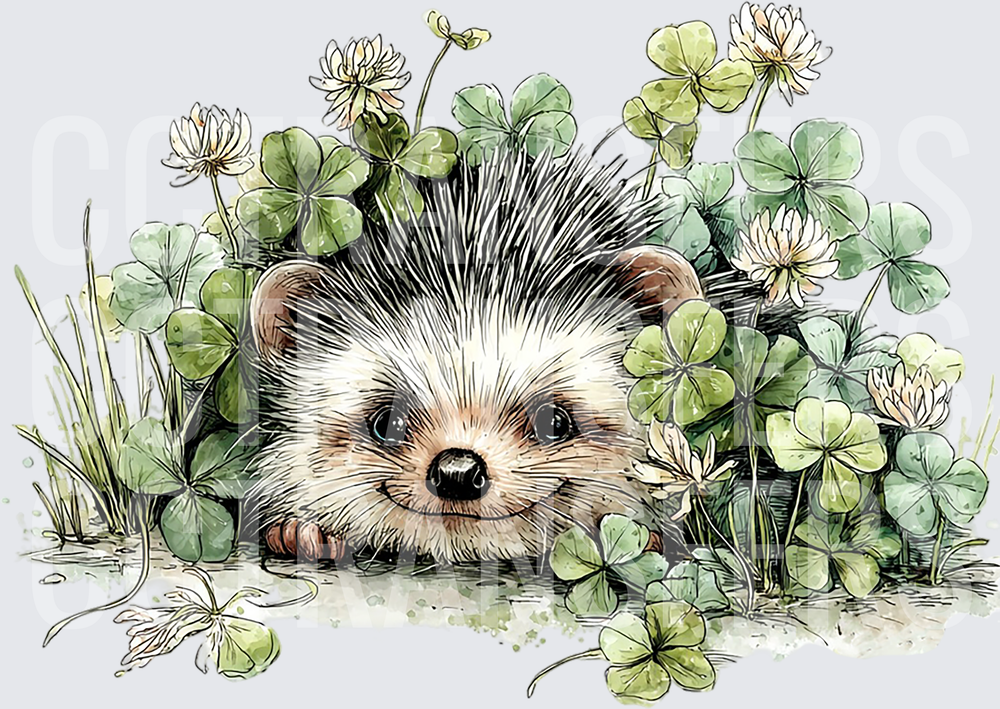 Cute Hedgehog Peeking Through Clover Flowers (DTF)