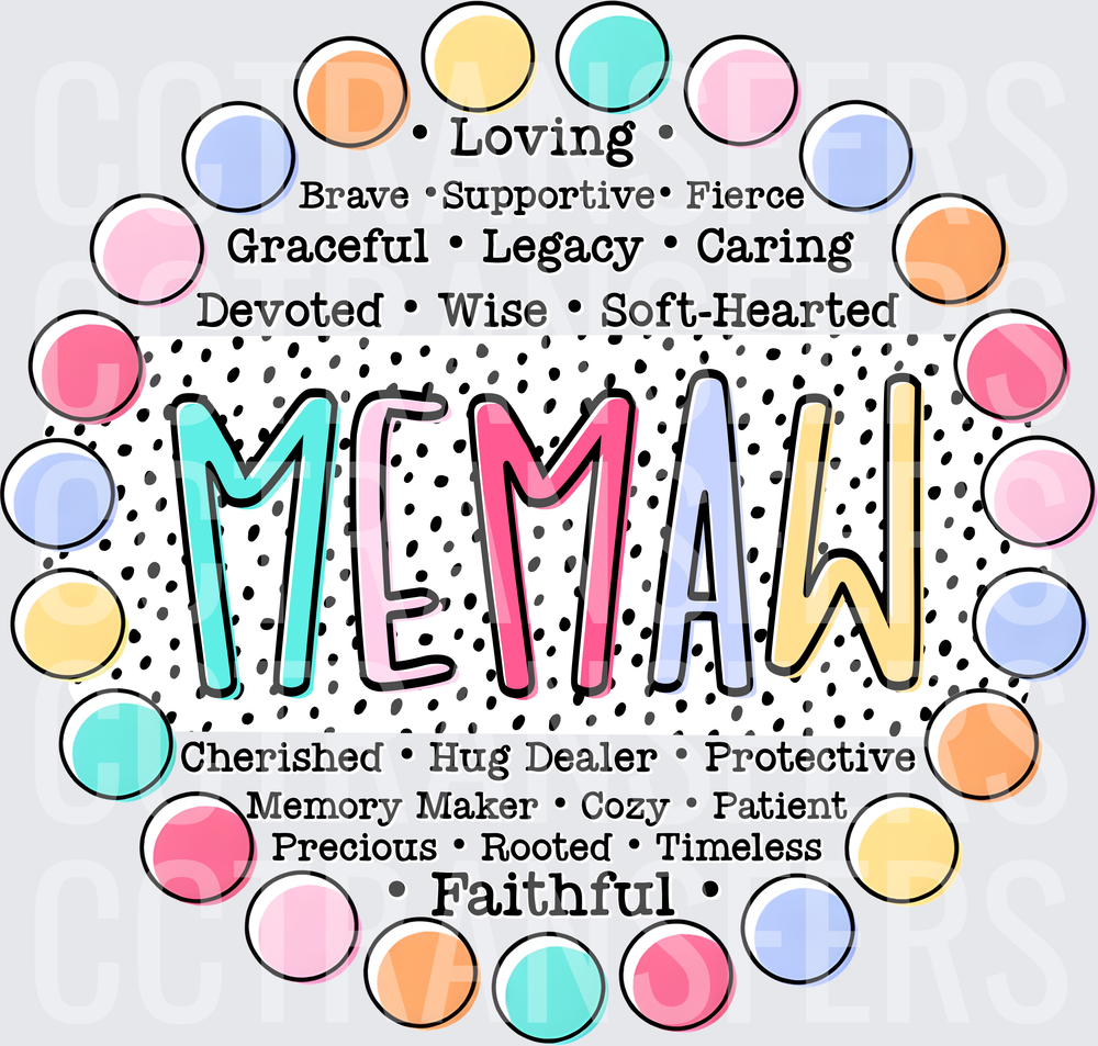 Memaw Word Art Pastel Polka Dot Circle Design (DTF)