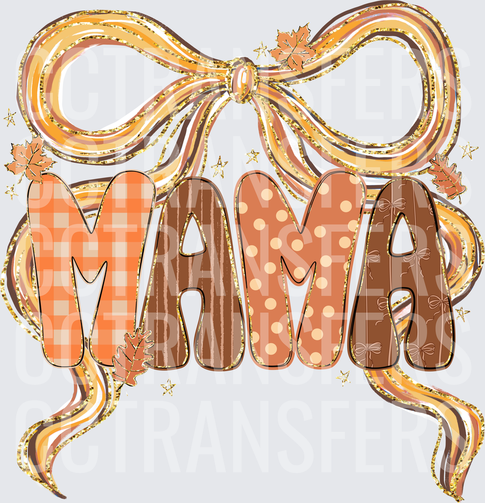 Fall Mama Patchwork Letters Glitter Bow Autumn Leaves (DTF)
