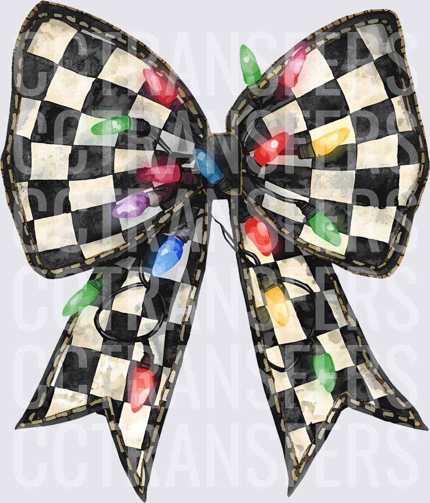 Black White Checkered Bow with Colorful Christmas Lights (DTF)