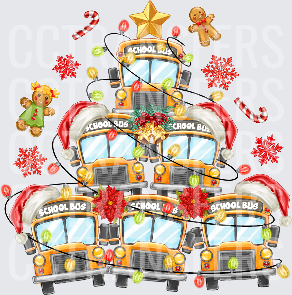 Christmas Tree Stack of School Buses with Holiday Lights (DTF)
