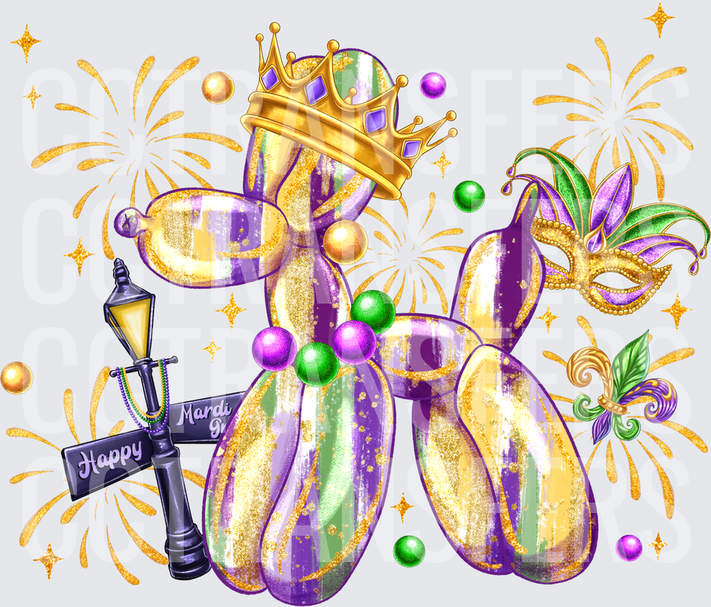 Happy Mardi Gras Balloon Dog Crown Mask Fleur De Lis (DTF)