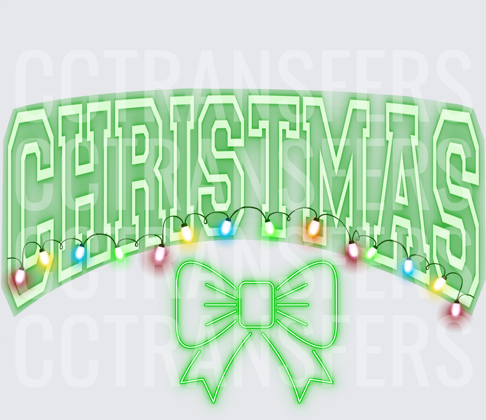 Green Arched Christmas Text with String Lights and Bow (DTF)