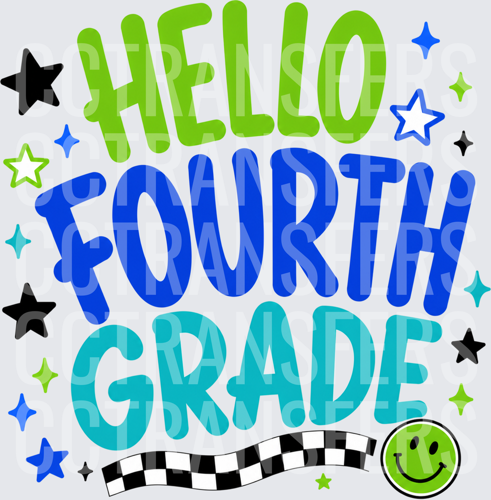 Hello Fourth Grade Stars Smiley Face Checkered (DTF)