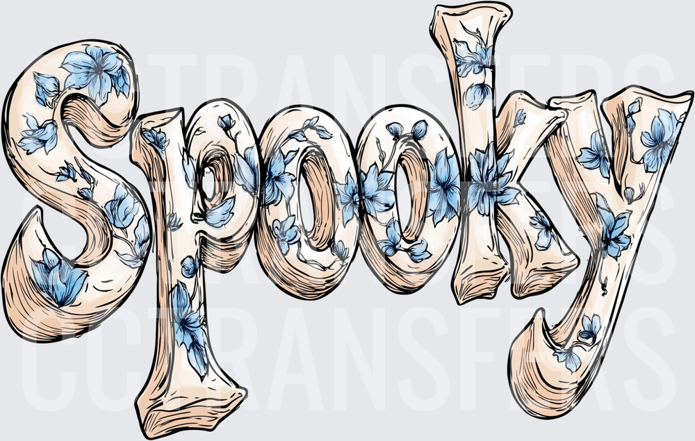 Spooky Bone-Style Lettering with Blue Floral Accents (DTF)