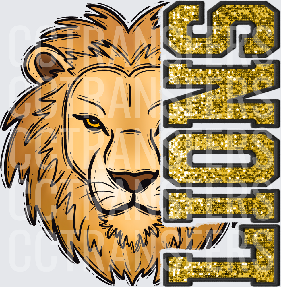 Lions Mascot Head Gold Glitter Varsity Letter Spirit (DTF)