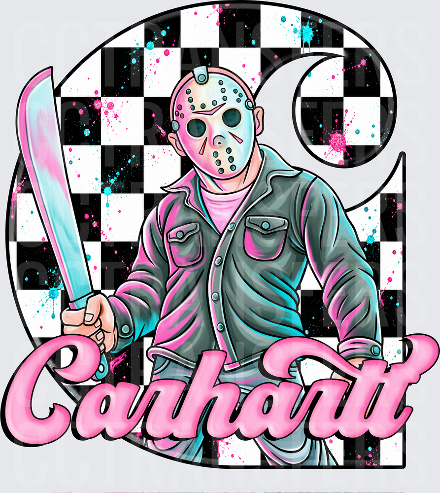 Pink Teal Horror Masked Killer Checkered Machete (DTF)