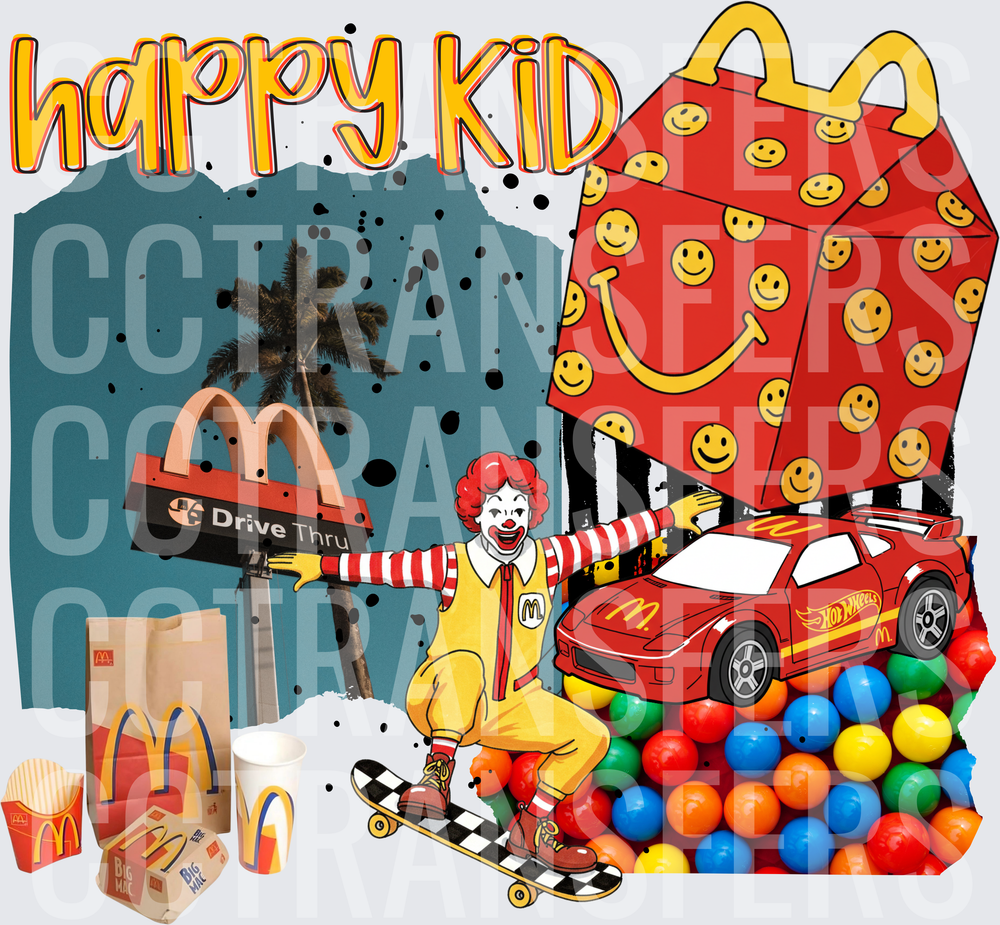 Happy Kid Clown Skateboard Fast Food Collage (DTF)