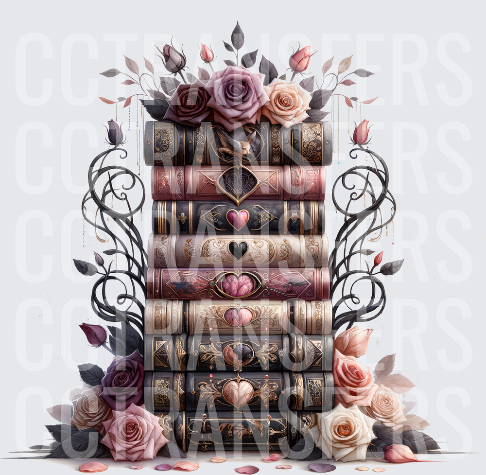 Ornate Stacked Books with Hearts Roses Gothic Vines (DTF)