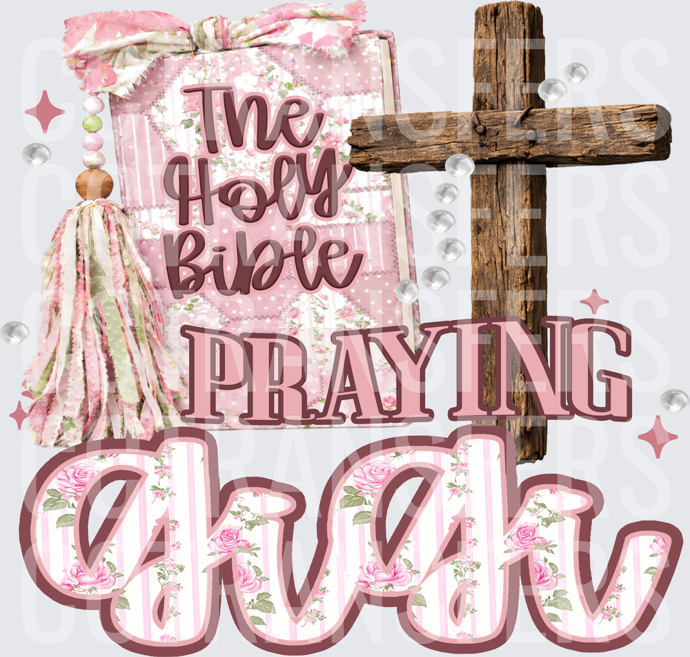 Praying Grandma Holy Bible Cross Floral Pink Design (DTF)