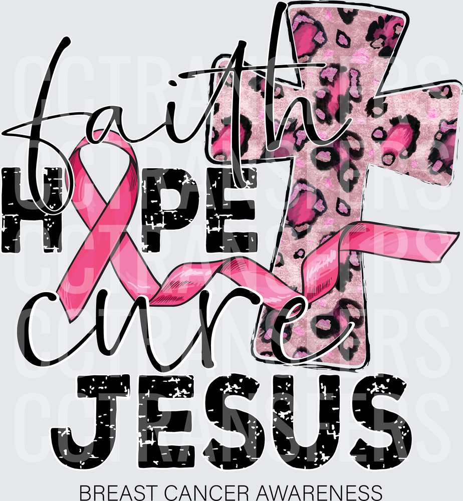 Faith Hope Cure Jesus Breast Cancer Awareness Leopard Cross (DTF)