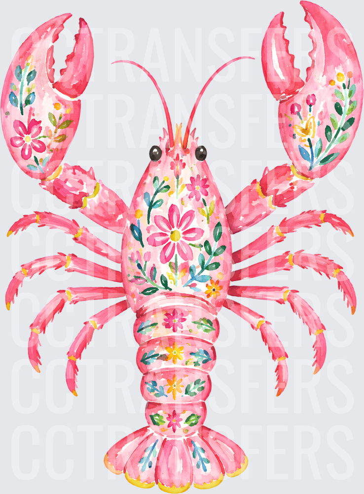 Pink Floral Watercolor Lobster Boho Folk Art (DTF)