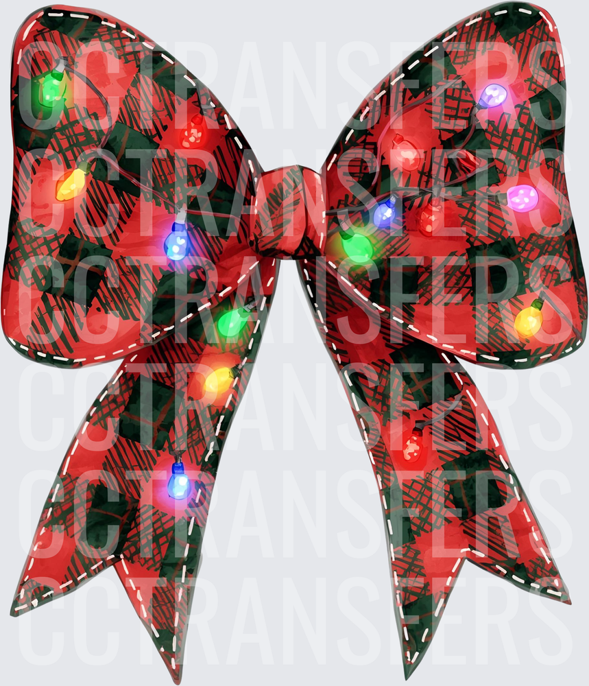 Red Green Buffalo Plaid Bow with Colorful Christmas Lights (DTF)