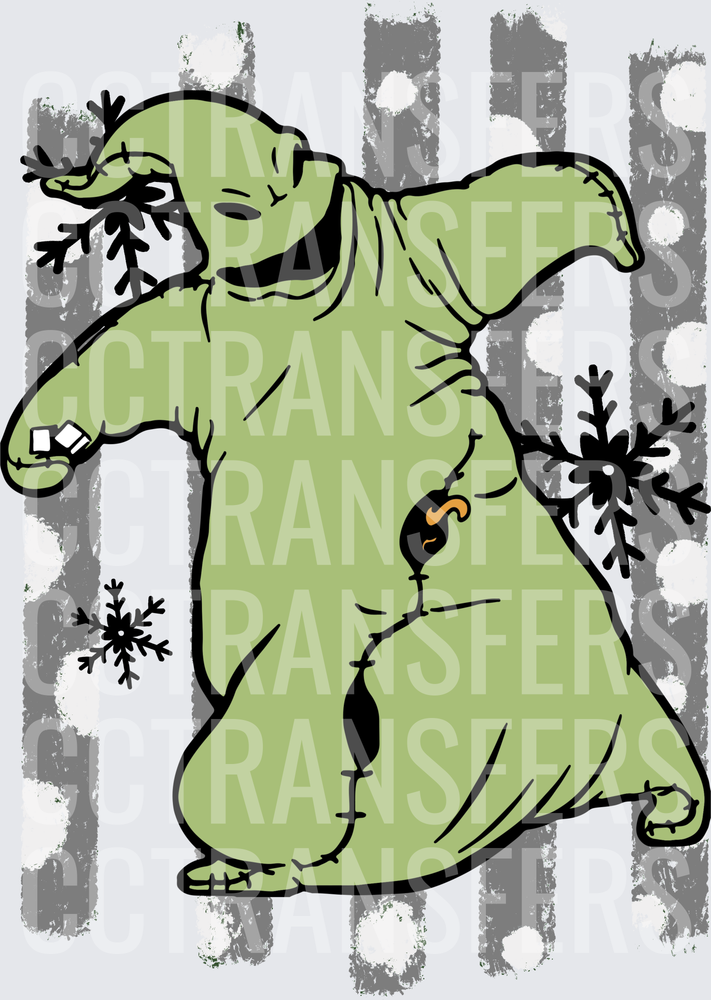 Creepy Green Burlap Monster Dabbing with Snowflakes (DTF)