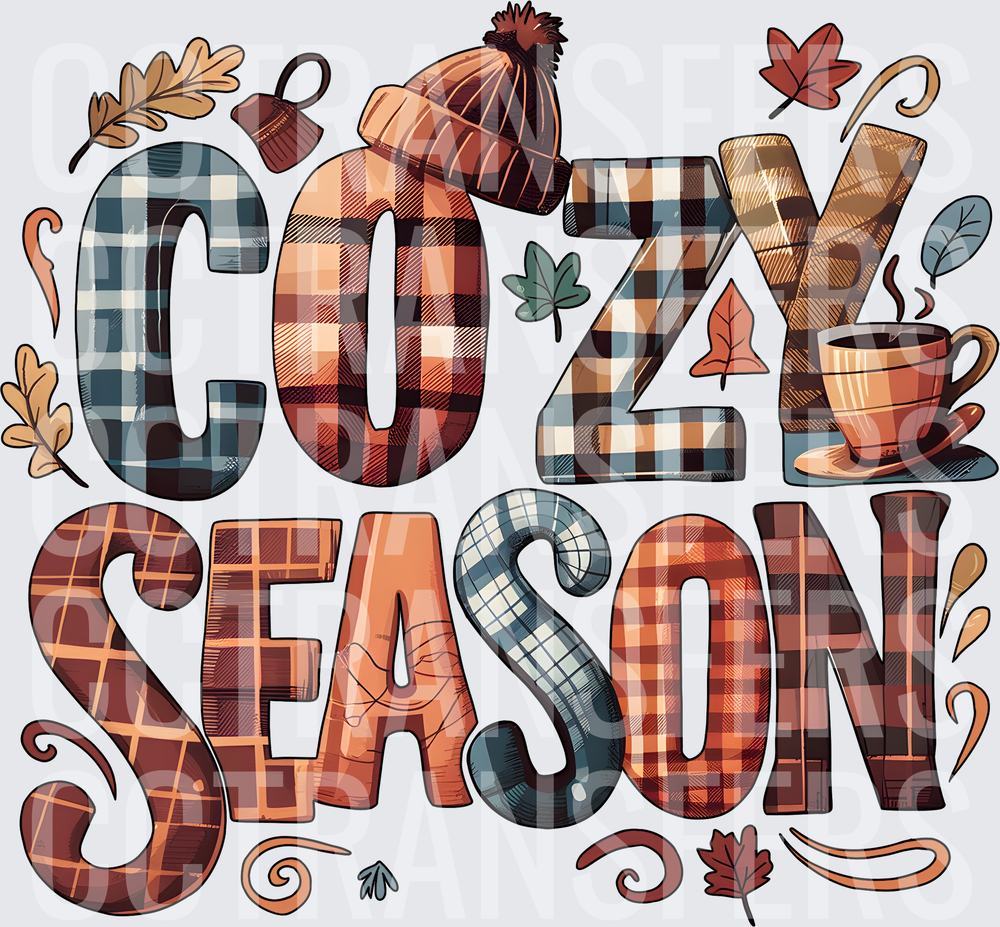Cozy Season Plaid Letters Fall Leaves Beanie Coffee Cup (DTF)