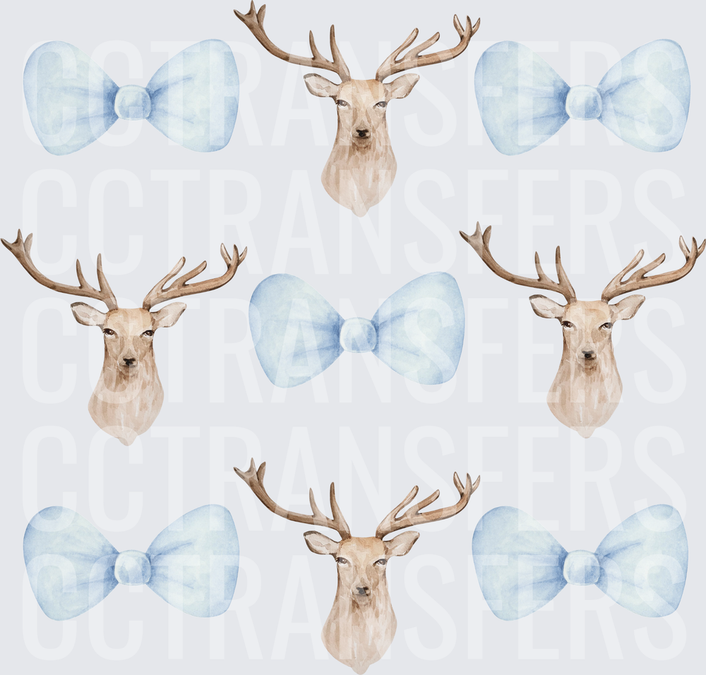 Watercolor Deer Heads and Blue Bow Ties Pattern (DTF)
