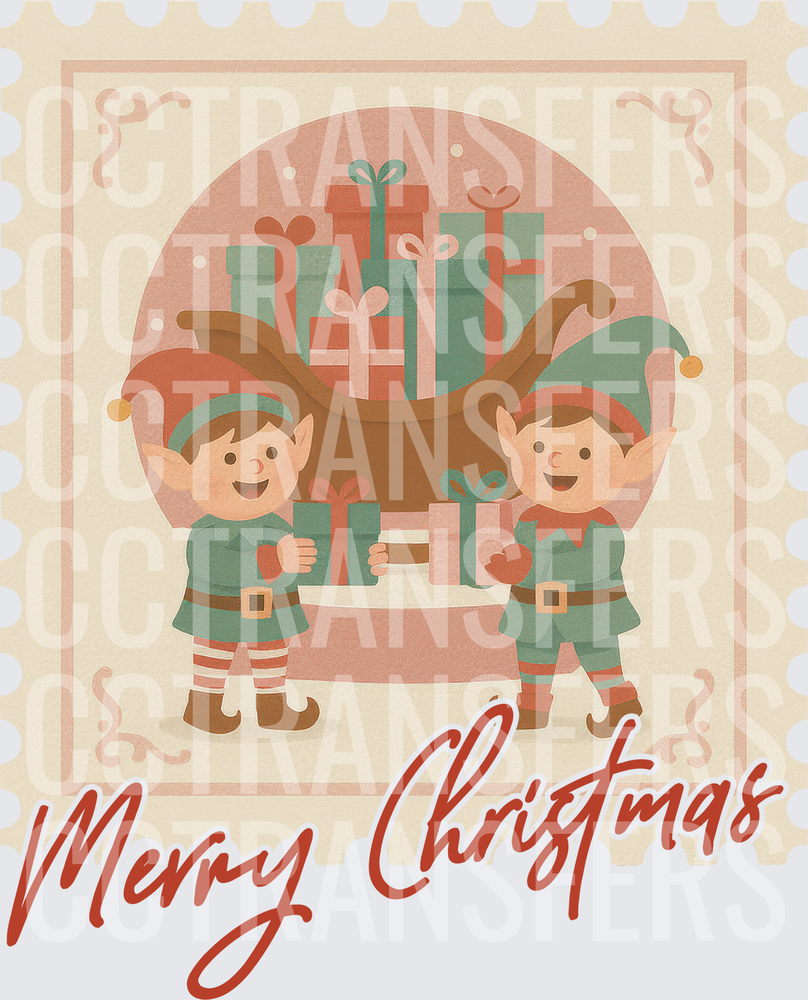 Merry Christmas Vintage Stamp Two Elves with Gifts (DTF)